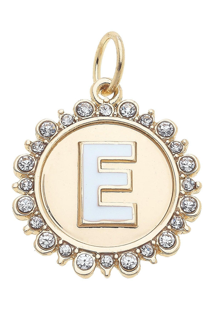 Rhinestone-Studded Enamel Letter Disc Charm in Shiny Gold - Canvas Style