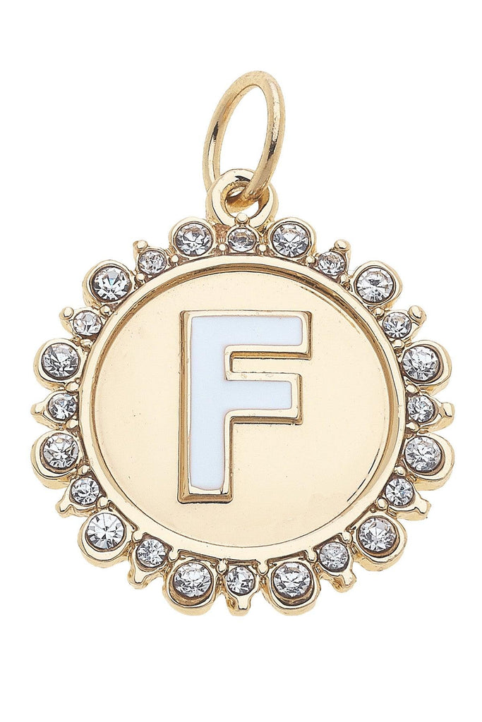 Rhinestone-Studded Enamel Letter Disc Charm in Shiny Gold - Canvas Style