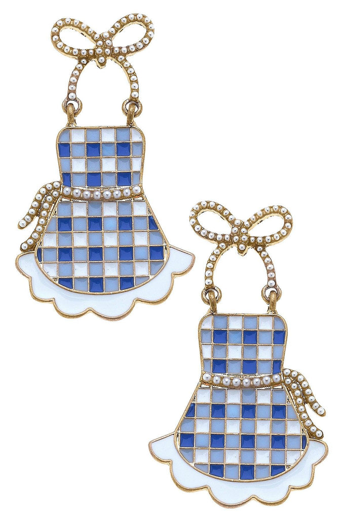 Rose Enamel Apron Earrings in Blue & White - Canvas Style