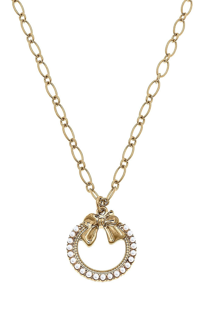 Rowen Pearl Bow Wreath Pendant Necklace in Worn Gold - Canvas Style