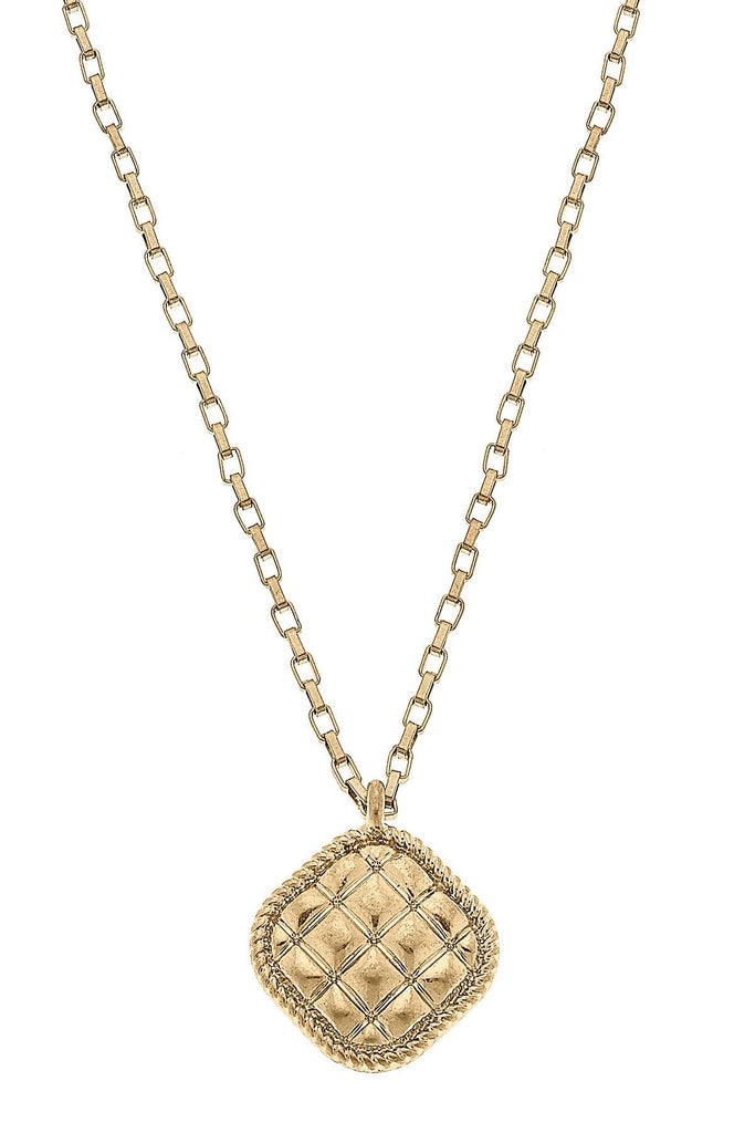 Rue Quilted Metal Diamond Pendant Necklace in Worn Gold - Canvas Style