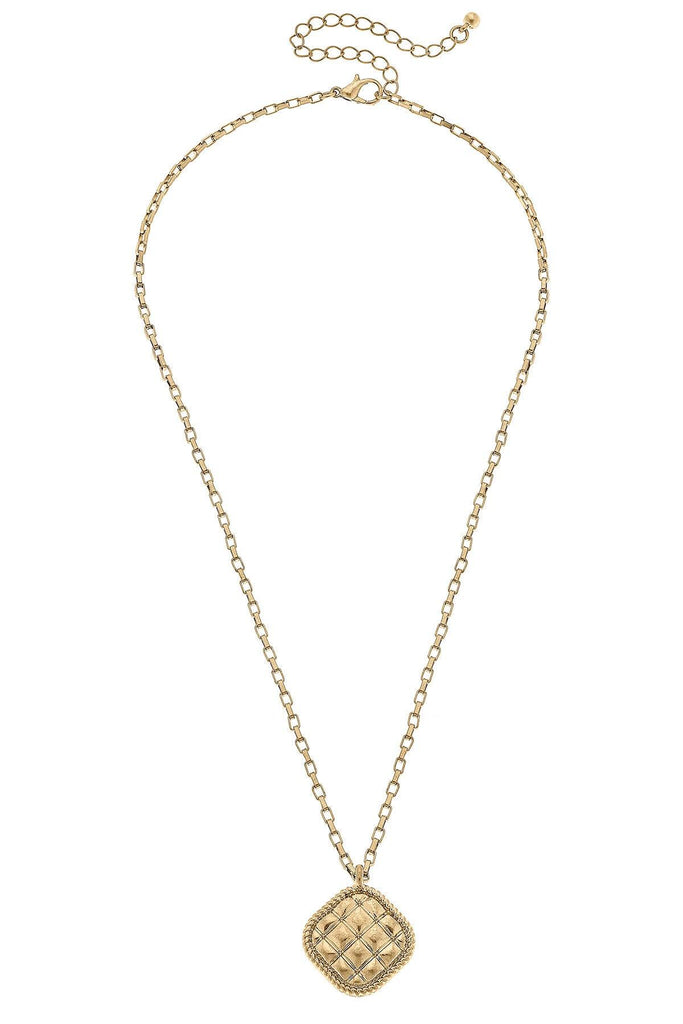 Rue Quilted Metal Diamond Pendant Necklace in Worn Gold - Canvas Style