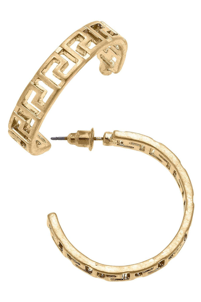 Ryan Greek Keys Hoop Earrings in Worn Gold - Canvas Style