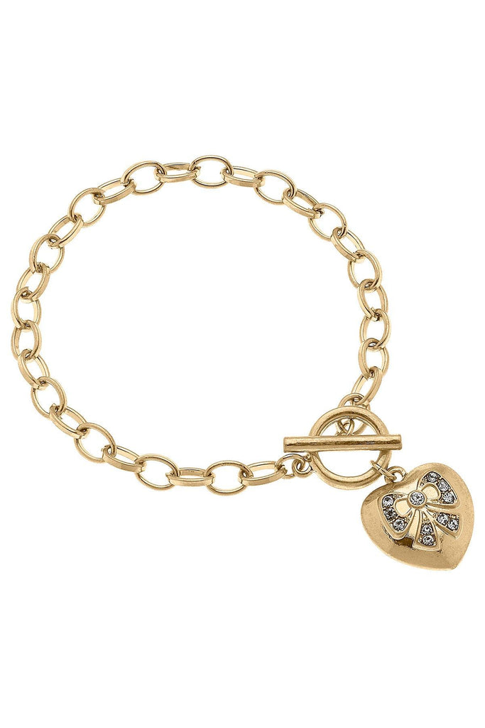 Rylan Pavé Bow Heart Charm T-Bar Bracelet in Worn Gold - Canvas Style