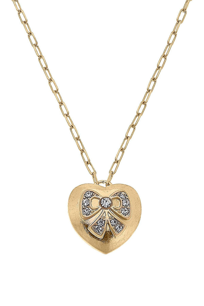 Rylan Pavé Bow Heart Pendant Necklace in Worn Gold - Canvas Style