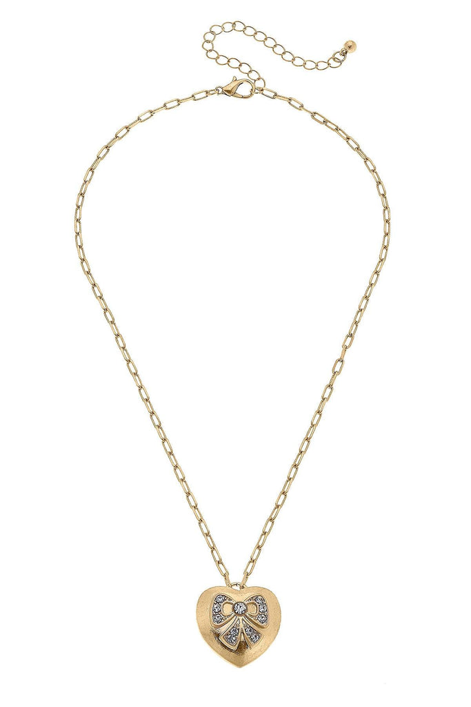 Rylan Pavé Bow Heart Pendant Necklace in Worn Gold - Canvas Style