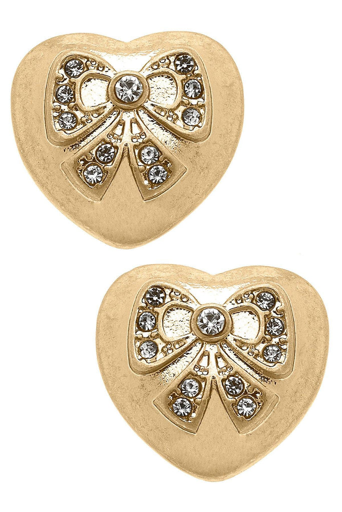 Rylan Pavé Bow Heart Stud Earrings in Worn Gold - Canvas Style