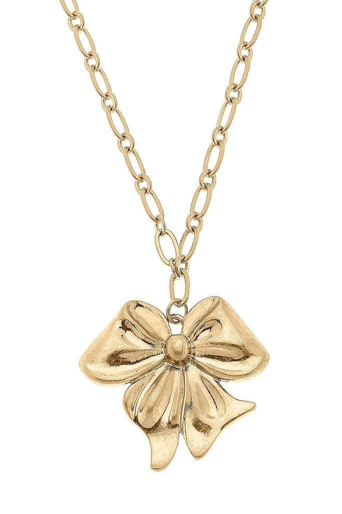 Sasha Bow Pendant Necklace in Worn Gold - Canvas Style