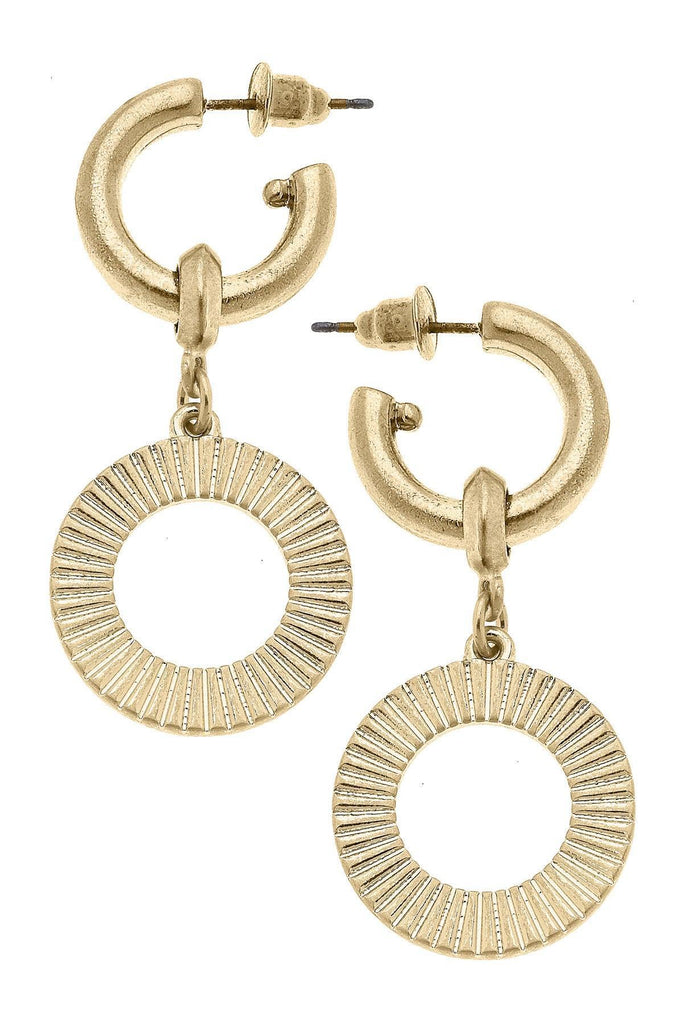 Savannah Fluted Metal Disc Drop Hoop Earrings in Worn Gold - Canvas Style