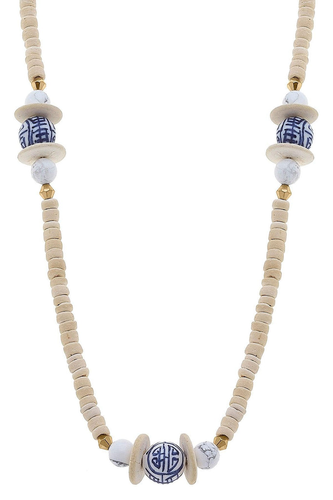 Savoy Blue & White Chinoiserie & Painted Wood Necklace in Ivory - Canvas Style