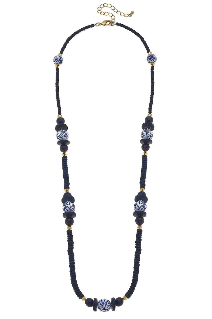 Savoy Blue & White Chinoiserie & Painted Wood Necklace in Navy - Canvas Style