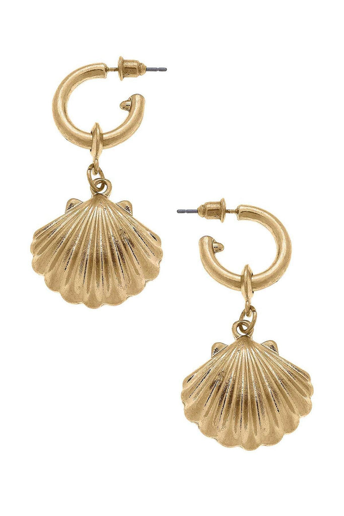 Scallop Shell Drop Hoop Earrings in Worn Gold - Canvas Style