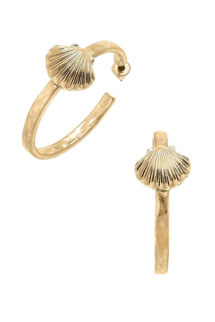 Scallop Shell Hoop Earrings in Worn Gold - Canvas Style