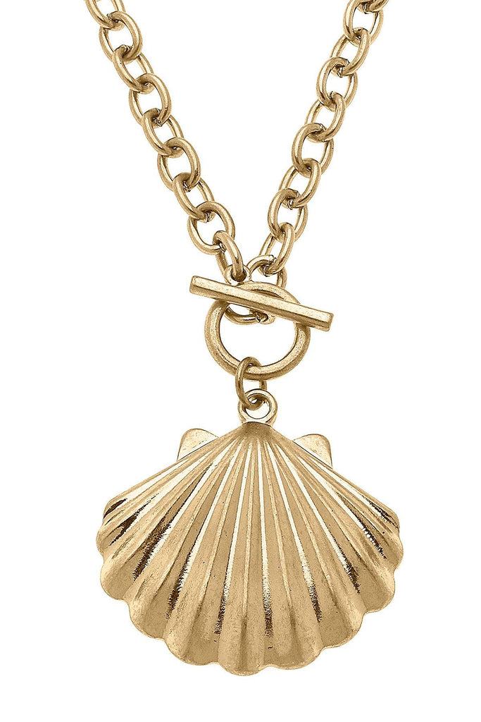 Scallop Shell T-Bar Pendant Necklace in Worn Gold - Canvas Style
