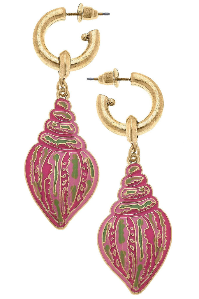 Seashell Enamel Drop Hoop Earrings in Pink - Canvas Style