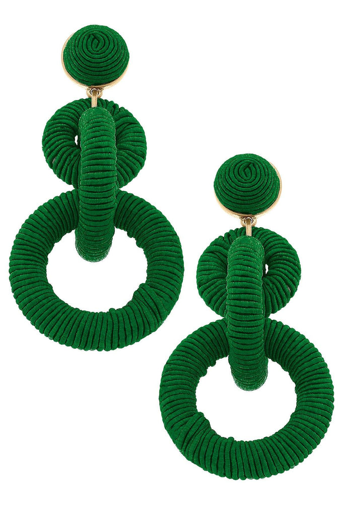 Selena Silk Cord Linked Rings Statement Earrings in Emerald - Canvas Style