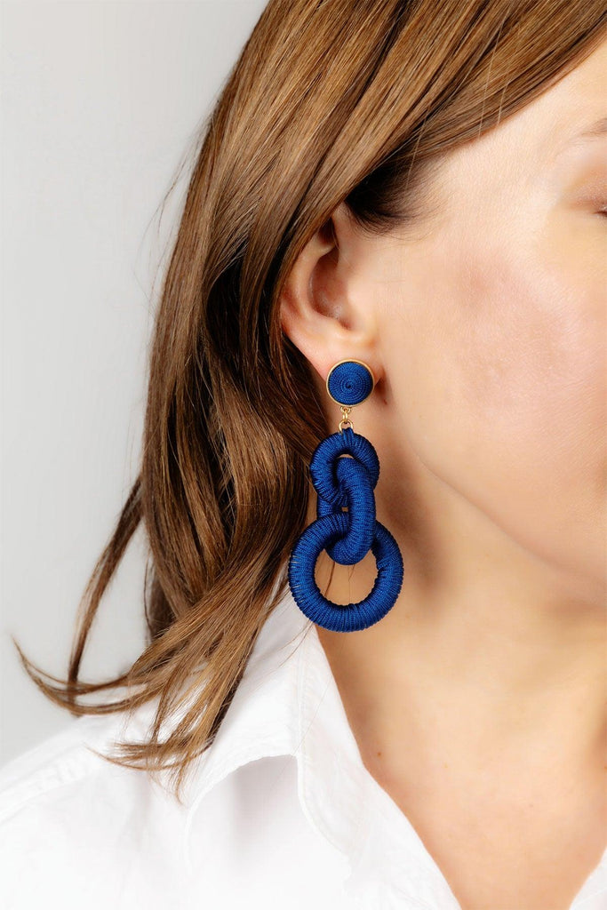 Selena Silk Cord Linked Rings Statement Earrings in Navy - Canvas Style