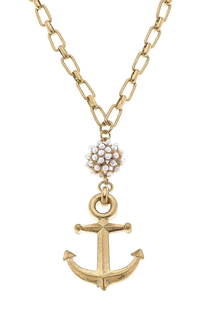 Shawn Anchor & Pearl Cluster Pendant Necklace in Worn Gold - Canvas Style