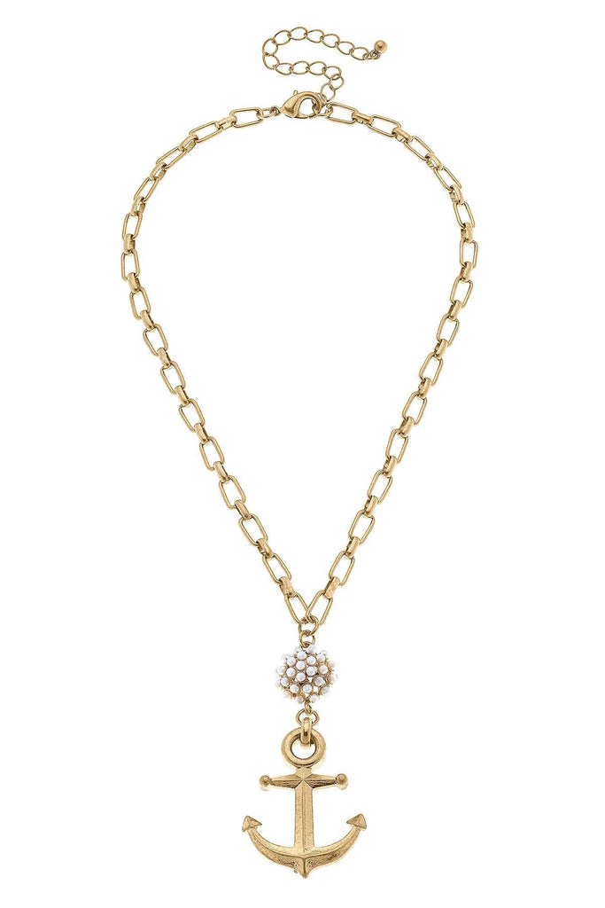 Shawn Anchor & Pearl Cluster Pendant Necklace in Worn Gold - Canvas Style