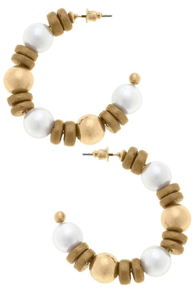 Sheridan Pearl, Wood & Gold Bead Hoop Earrings in Ivory - Canvas Style