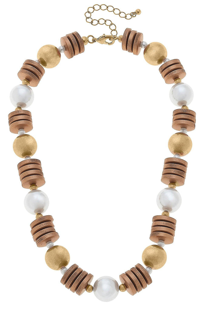 Sheridan Pearl, Wood & Gold Bead Statement Necklace in Ivory - Canvas Style
