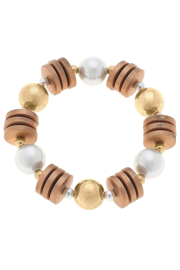 Sheridan Pearl, Wood & Gold Bead Stretch Bracelet in Ivory - Canvas Style