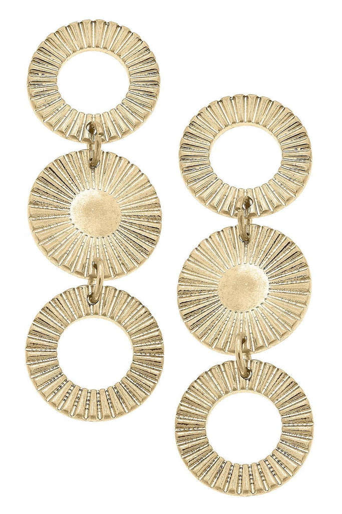 Sienna Fluted Metal Triple Disc Earrings in Worn Gold - Canvas Style