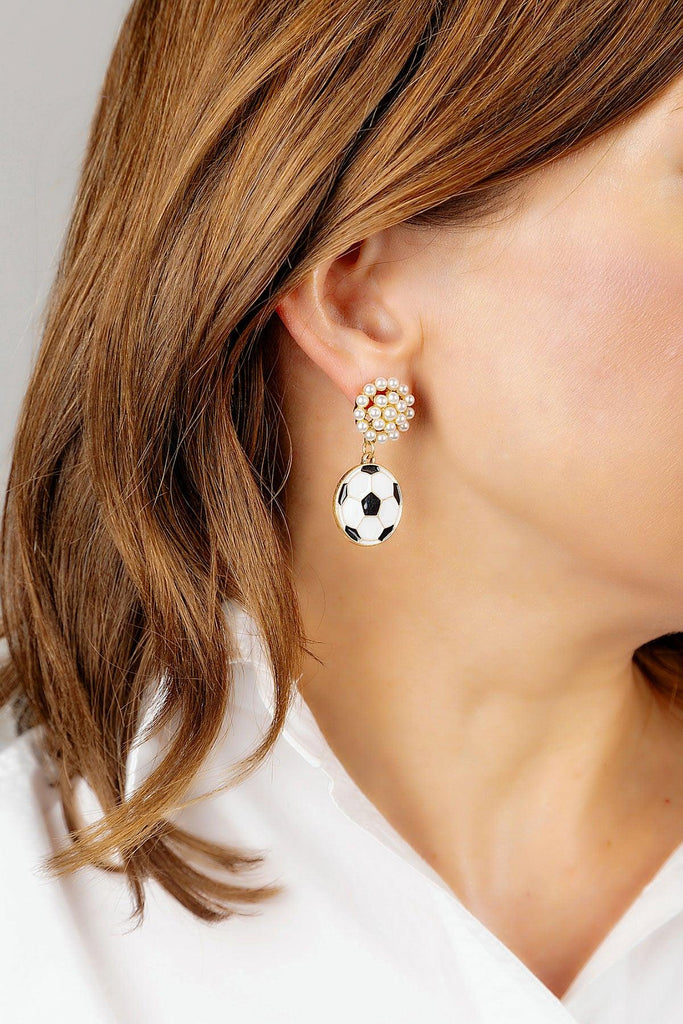 Soccer Ball Pearl Cluster Enamel Drop Earrings in Black & White - Canvas Style