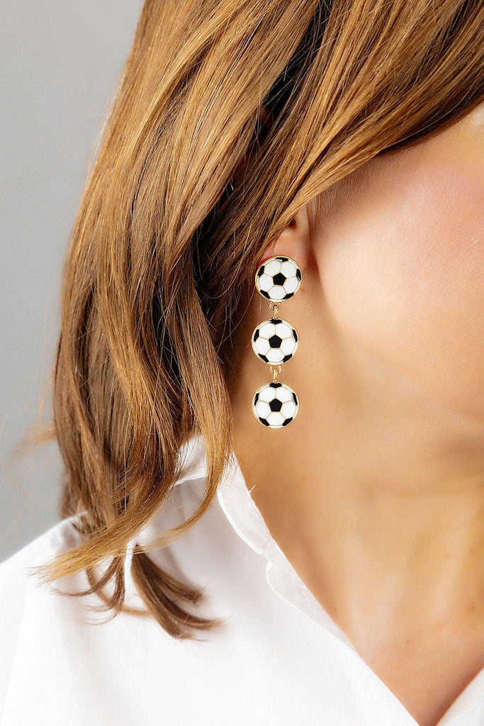 Soccer Ball Triple Drop Enamel Earrings in Black & White - Canvas Style