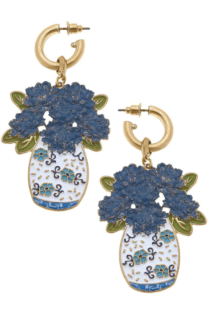 Sofia Enamel Hydrangea Ginger Jar Earrings in Blue & White - Canvas Style