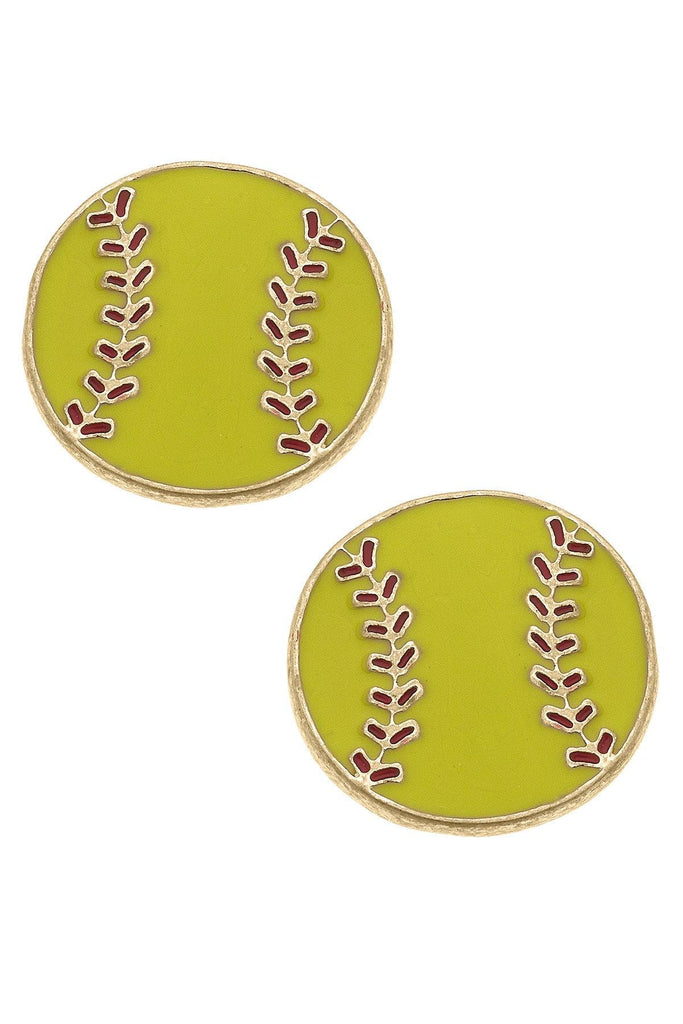 Softball Enamel Stud Earrings in Fluorescent Yellow - Canvas Style