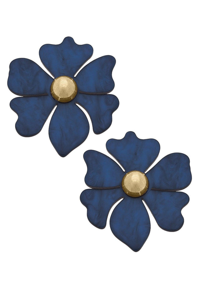 Sophie Marbled Resin Flower Stud Earrings in Navy - Canvas Style