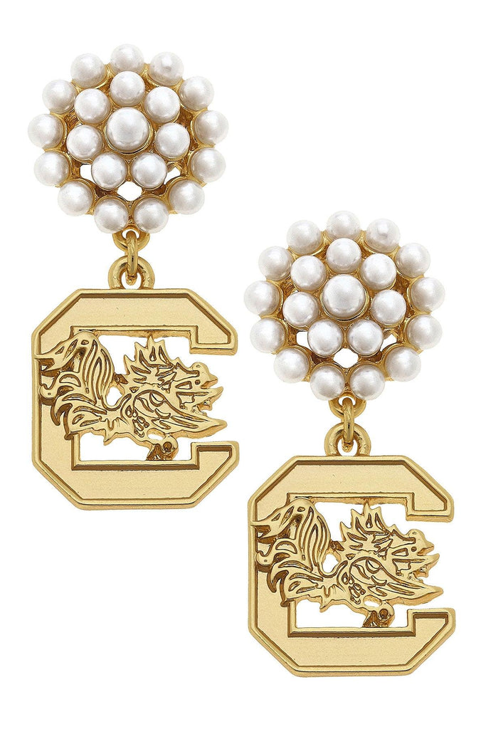 South Carolina Gamecocks Pearl Cluster 24K Gold Plated Logo Earrings - Canvas Style