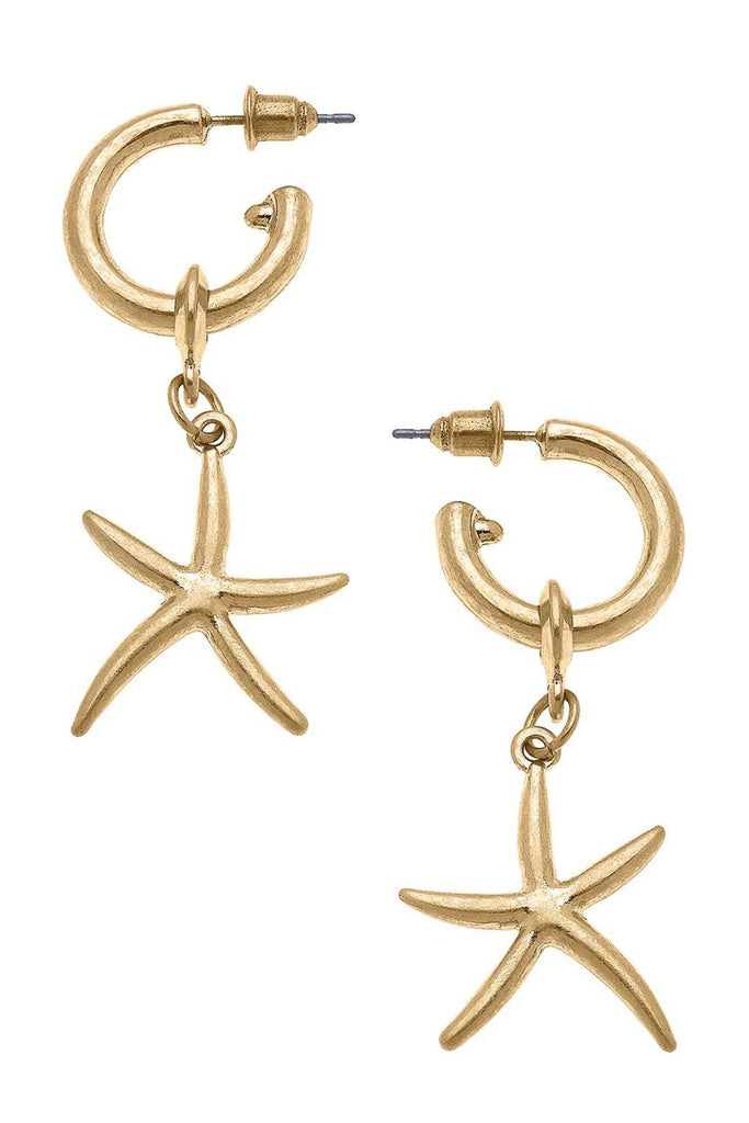 Starfish Drop Hoop Earrings in Worn Gold - Canvas Style