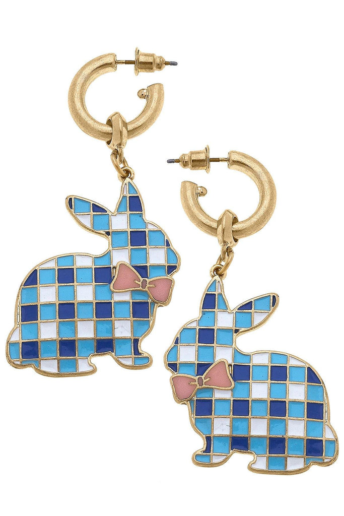 Stella Enamel Gingham Bunny Earrings in Blue & White - Canvas Style