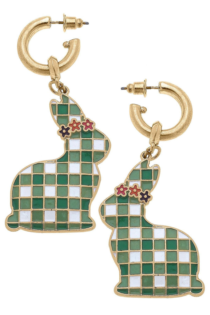 Stella Enamel Gingham Bunny Earrings in Green & White - Canvas Style