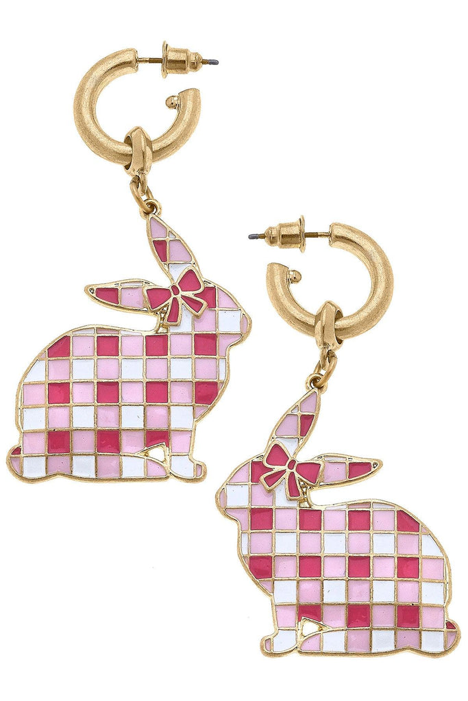 Stella Enamel Gingham Bunny Earrings in Pink & White - Canvas Style