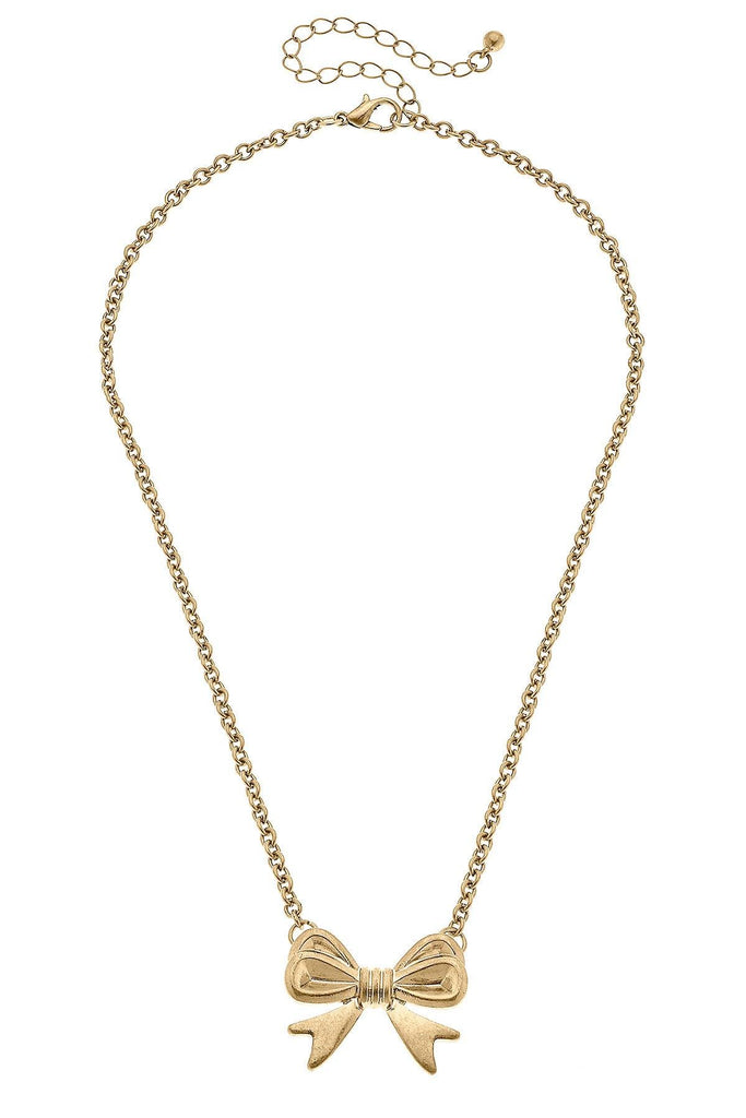 Stephanie Bow Pendant Necklace in Worn Gold - Canvas Style