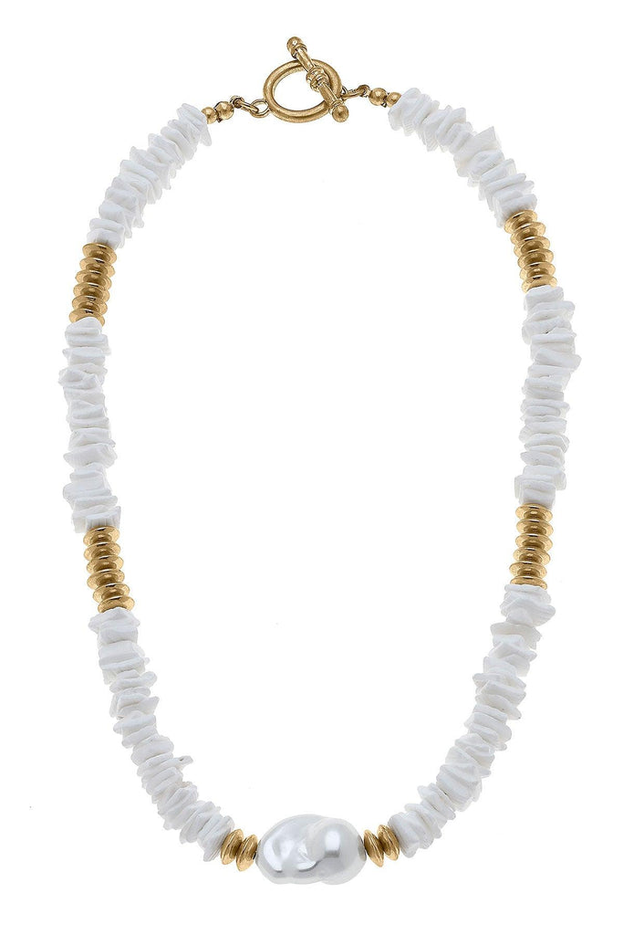 Suri Beaded Shell & Pearl T-Bar Necklace in Ivory - Canvas Style