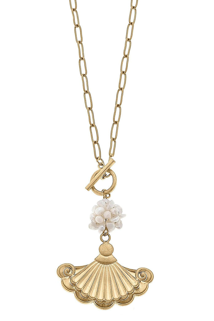 Suz French Fan & Pearl Cluster Pendant T-Bar Necklace in Worn Gold - Canvas Style