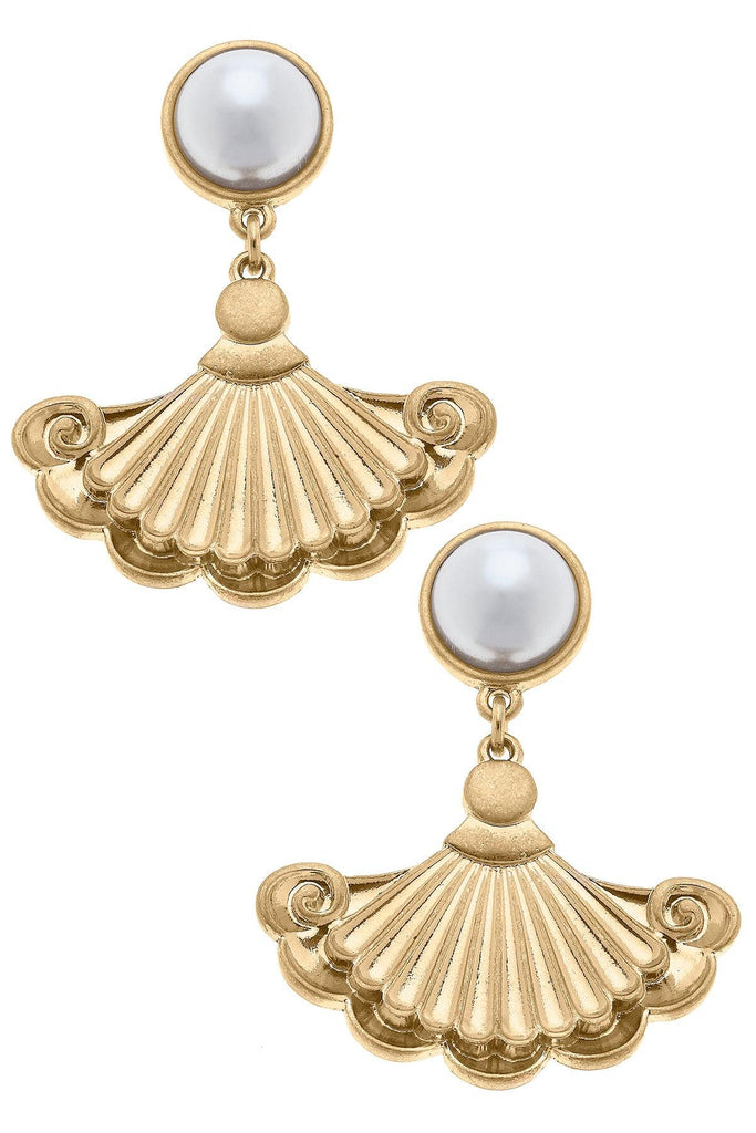 Suz French Fan & Pearl Drop Earrings in Worn Gold - Canvas Style