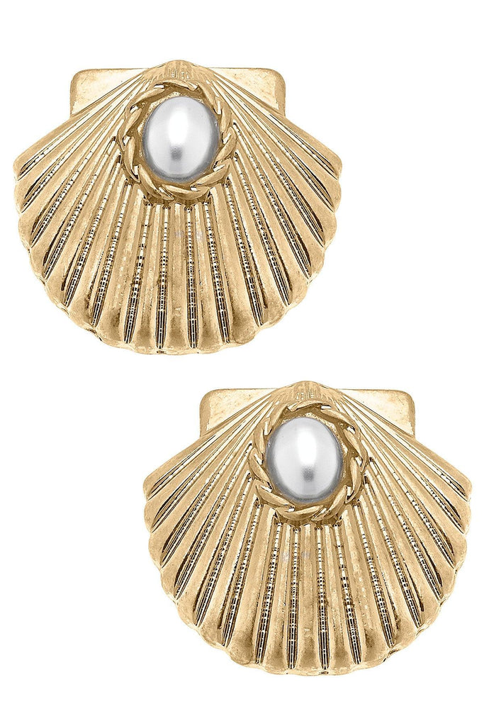 Tallulah Scallop & Pearl Stud Earrings in Worn Gold - Canvas Style