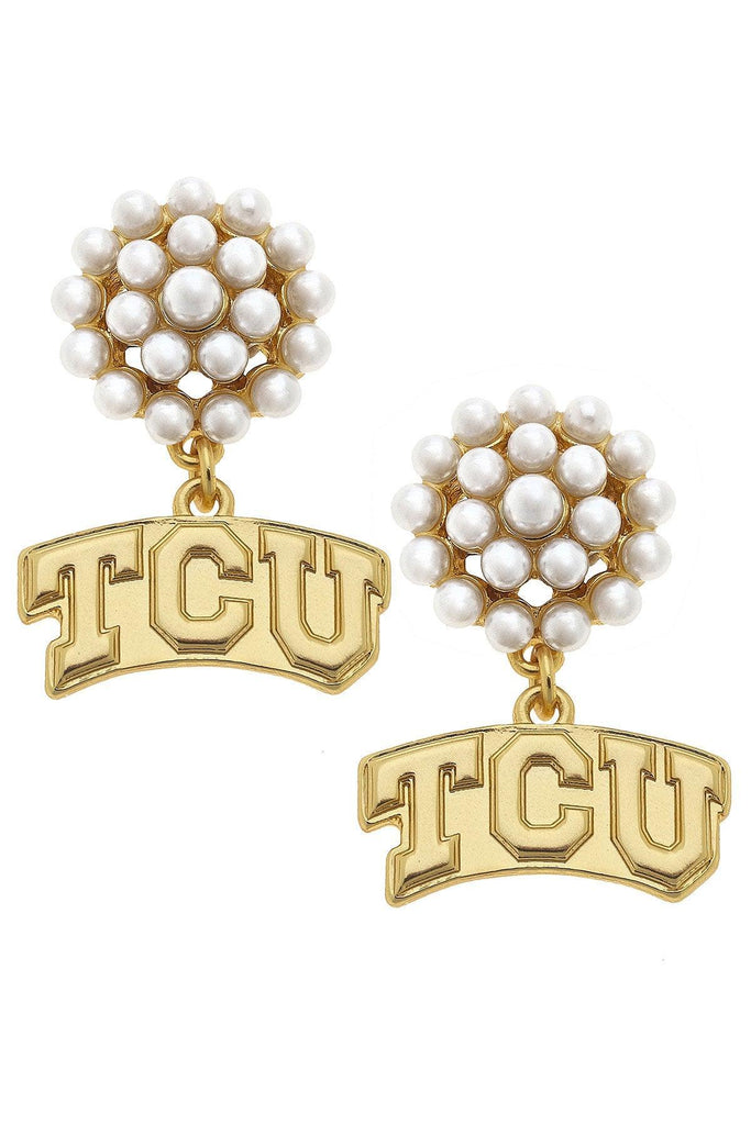 TCU Horned Frogs Pearl Cluster 24K Gold Plated Logo Earrings - Canvas Style