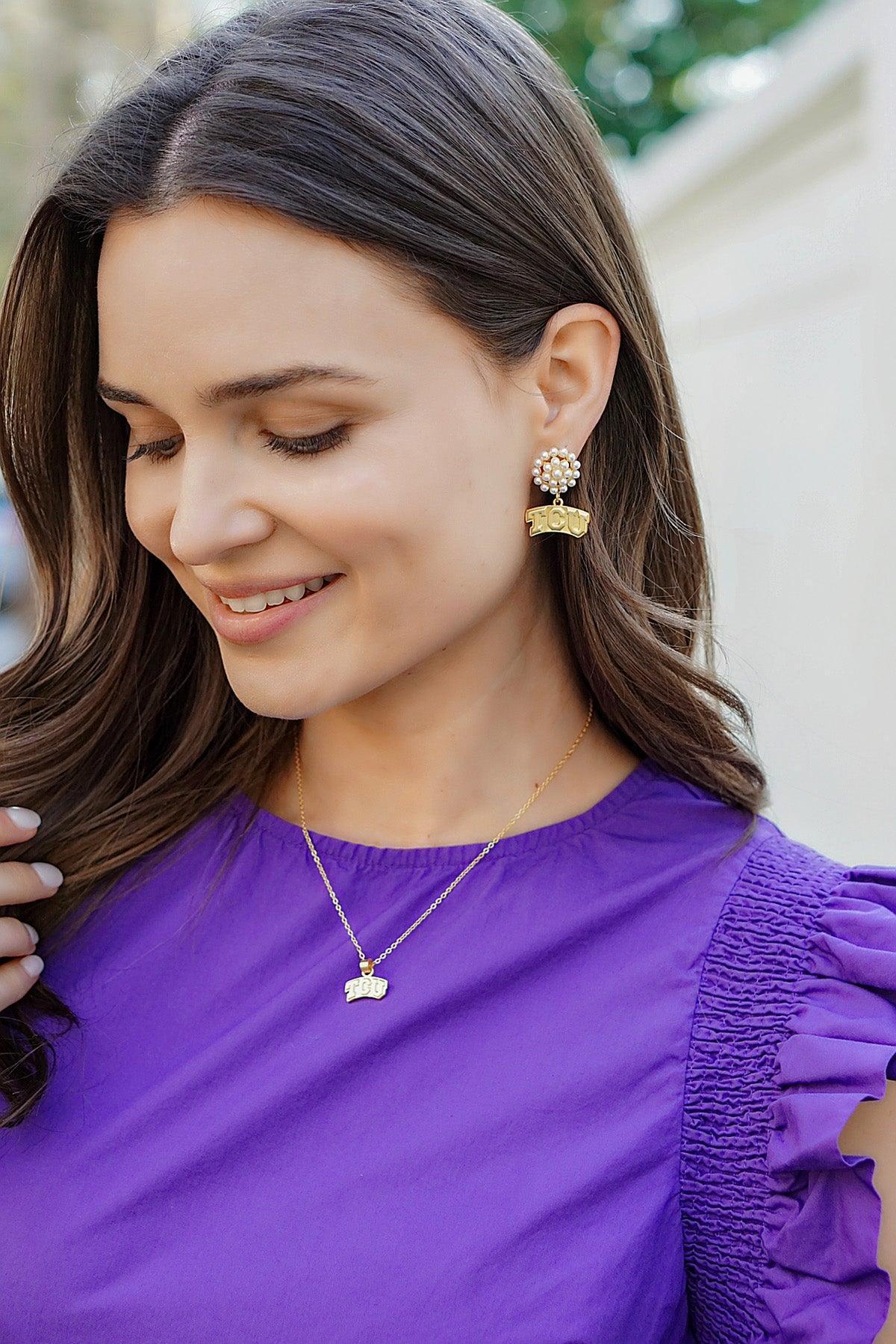 TCU Horned Frogs Pearl Cluster 24K Gold Plated Logo Earrings