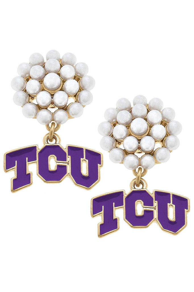 TCU Horned Frogs Pearl Cluster Enamel Drop Earrings - Canvas Style