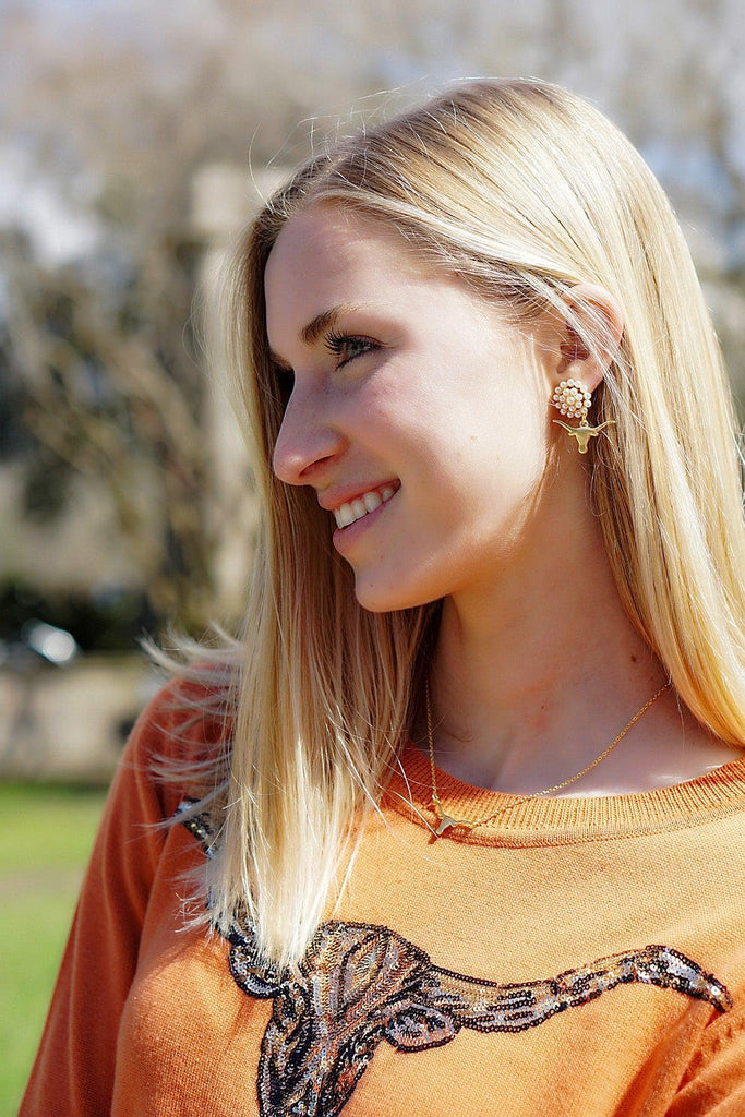 Texas Longhorns Pearl Cluster 24K Gold Plated Logo Earrings - Canvas Style