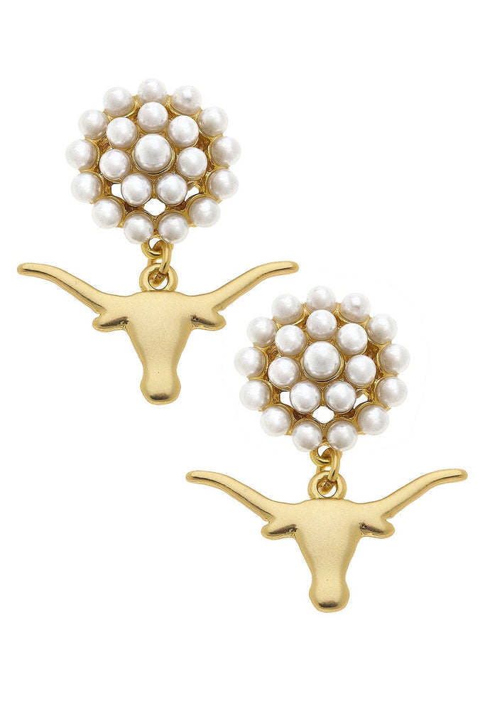 Texas Longhorns Pearl Cluster 24K Gold Plated Logo Earrings - Canvas Style