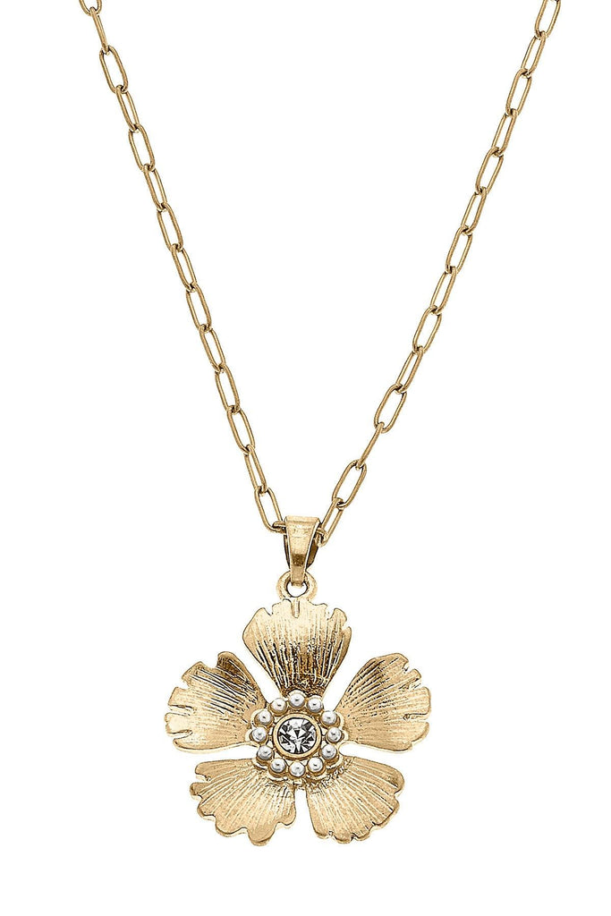 Tiana Flower Pendant Necklace in Worn Gold - Canvas Style