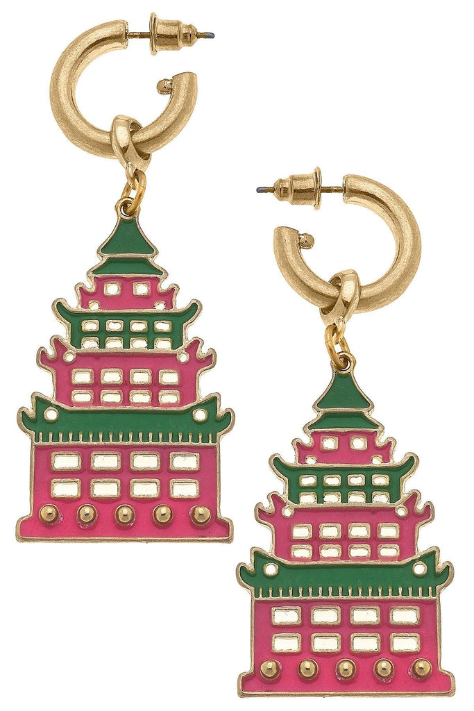 Tiffany Enamel Pagoda Earrings in Green & Pink - Canvas Style