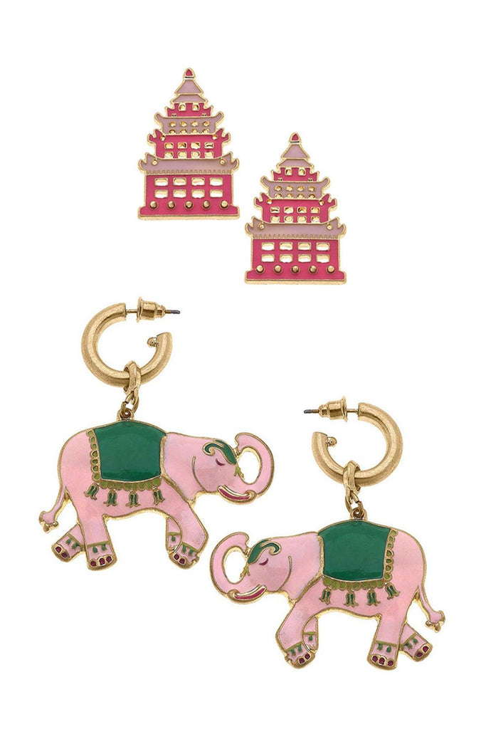 Tiffany Enamel Pagoda Stud and Livy Elephant Earring Set - Canvas Style